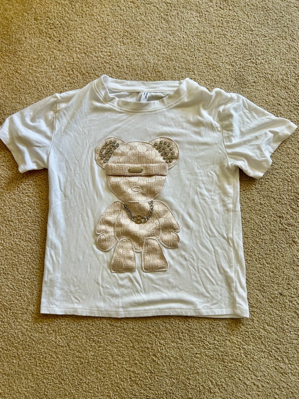 Kids White Short-Sleeve Tee with Beige Teddy Appliqué